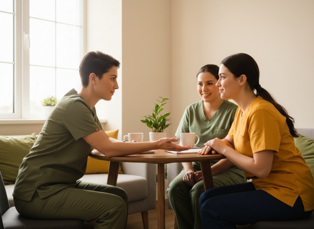 Veterinary teammates resolving a conflict with a facilitator