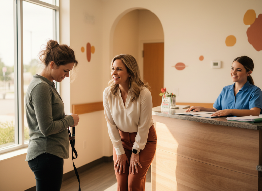 Veterinary manager calmly de-escalating an upset client in the lobby