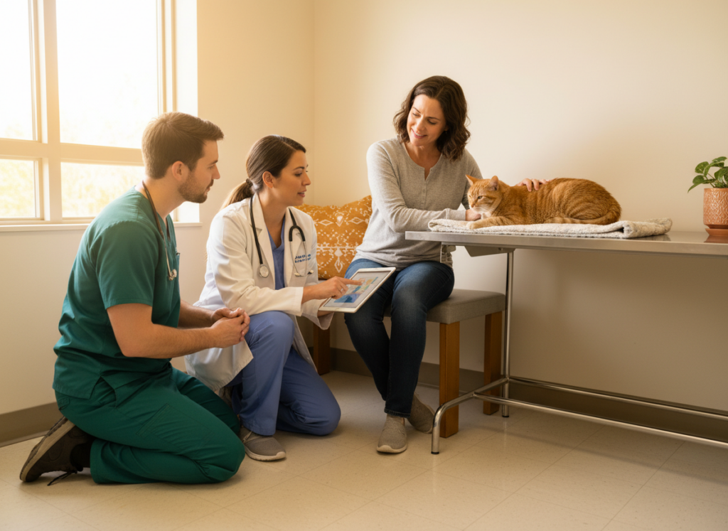 Veterinary team explaining a treatment plan to a pet owner in the exam room