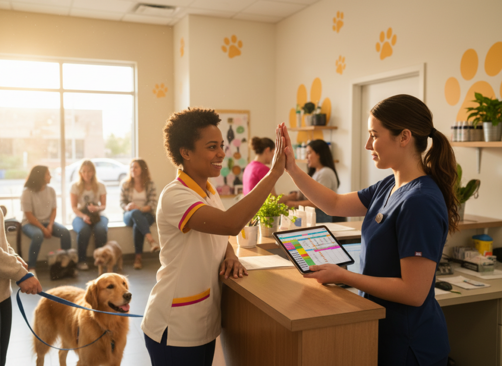 Veterinary front desk and treatment team members working together at reception