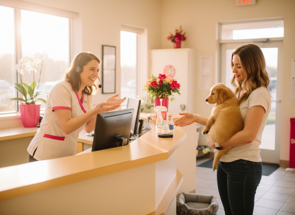 Veterinary receptionists welcoming a new client and puppy