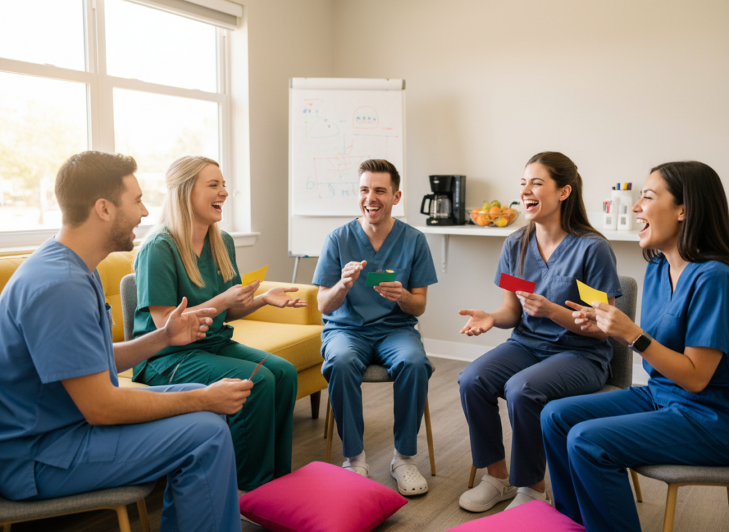 Veterinary team in a communication styles workshop holding colored cards