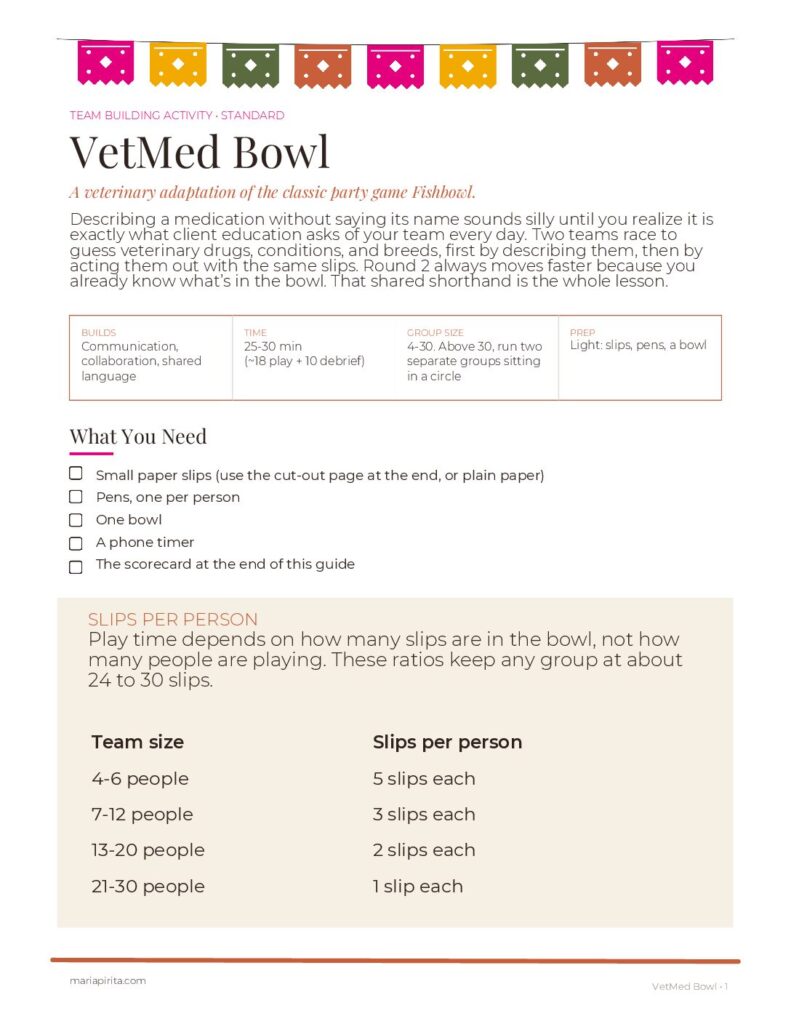 Cover page of the VetMed Bowl team building activity guide